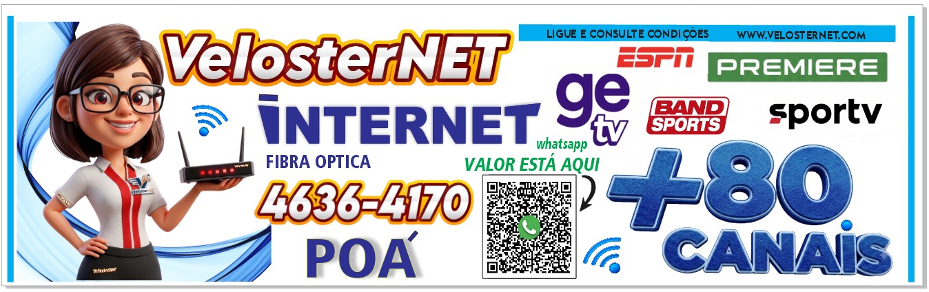 Banner promocional VelosterNET: Internet Fibra Óptica em Poá, mais de 80 canais fechados incluindo ESPN, Premiere, SporTV, Band Sports e ge tv. Atendimento via WhatsApp ou telefone 4636-4170